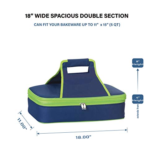 Picnic Plus 18" Casserole Carrier 2 Level Thermal Insulated Hot and Cold Food Carrier Double Layer Food Carrier Bag Potluck Carrier With Bonus Containers (Navy)