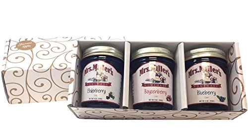 Favorite Berries Gift Assortment Box - 3 Jar Sampler, Variety Pack of Blueberry & Boysenberry Jam, and Elderberry Jelly (9 oz full-sized jars) by Mrs. Miller's in a Gold Scroll Gift Box by Jarosa Gif - Thumbnail 3