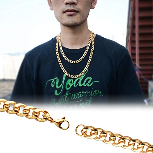 CrazyPiercing 18K Gold Plated Necklace Men Jewelry 10MM Wide Hip Hop Turnover Chain Necklace, Stainless Steel 24"