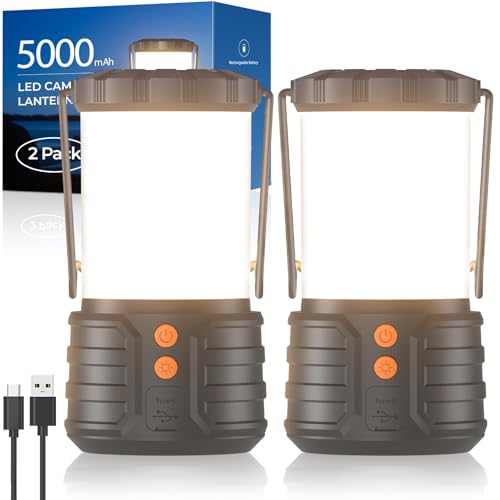 2 Pack Camping Lantern,Led Camping Lanterns,5000mAh Rechargeable Battery Emergency Lights for Power Outages,3 Colors,IPX4 Waterproof Portable Flashlight Camping Tent Light for Home or Hurricane Hiking