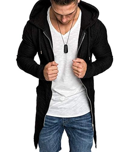 Mens Long Cardigan Jacket Slim Fit Open Front Longline Hooded