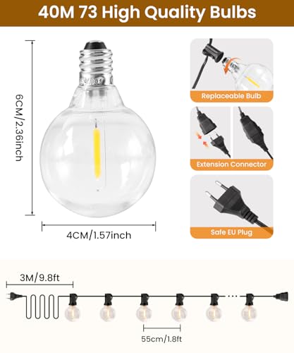 Rintea Outdoor String Lights, 40 m with 68 + 5 Bulbs, Outdoor Garden Lights Plug-in Warm White 2700 K, IP44 Waterproof Outdoor LED Lights for Garden, Terrace, Christmas, Party