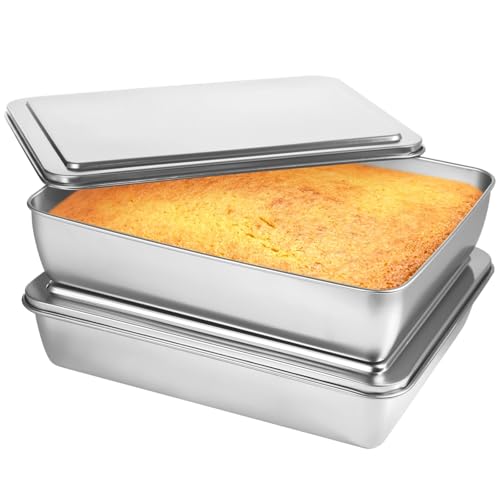 FELISTORY 2 Pcs Stainless Steel Cake Pans with Lid, 9 x 11 In Stainless Steel Baking Pans/Bakeware, Non-Stick Bread Loaf Pans, Rectangle Baking Bakeware for Breads, Meats, Vegetables
