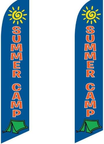 2 (two) Pack Tall Swooper Flags SUMMER CAMP Blue Red with Sun & Tent Pics