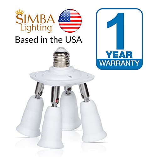 Simba Lighting E26 Light Bulb Socket Adapter Splitter to 4 Heads White Finish with Fully Adjustable Angles for Wide Coverage, Indoor and Outdoor Use for Ceiling Light or Lamp, Medium Screw Base