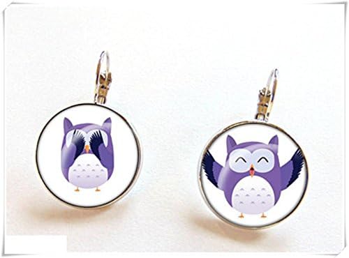 Elf House Earrings sleepers owls, owls purple, glass cabochons,Dome glass jewelry, pure handmade