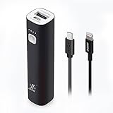 Mini 3400mAh Portable Charger, iXCC (3rd Generation) Lipstick-Sized Power Bank Aluminum External Battery with MFi Certified Lightning Cable - Black