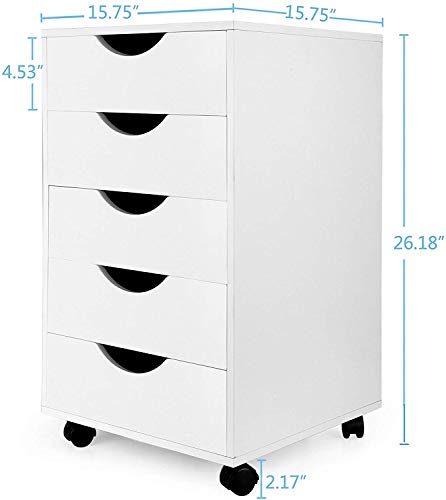 eMerit 5 Drawer Wood File Cabinet Roll Cart Drawer for Home Office Organization White - Thumbnail 4