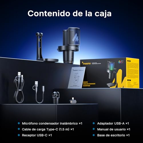 MAONO DGM20W - Micrófono Inalámbrico/USB para PC, Micrófono Condensador para Juegos, Podcasting y Streaming, Micrófono RGB con Cancelación de Ruido, Botón de Silencio, Perilla de Ganancia (Negro)