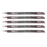 5 pc T1044DP 10 In. 6 TPI JigSaw Blades, High Carbon Steel Precision for Wood T-Shank Contractor Jig Saw Blades Set