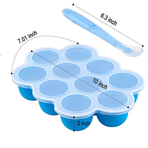 FERMINI-Food-Freezer-Tray-and-Food-Storage-Container-with-Silicone-Clip-on-Lid-Easy-OutStorage-Container-1-Spoon-for-Homemade-Baby-Food-Vegetable-Fruit-Purees-and-Breast-Milk-Blue