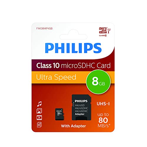 Philips Ultra Speed microSDHC Card 8GB + SD Adapter UHS-I U1 Reads up to 80MB/s A1 Fast App Performance V10 Memory Card…