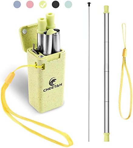 Collapsible Reusable Straws Stainless Steel Foldable Drinking Straw Portable with Case & Cleaning Brush for Party, Travel, Household, Outdoor (Yellow)