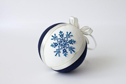 Christmas Ornament, Decoration christmas tree ball navy blue linen covered with cross stitch glitter snowflake