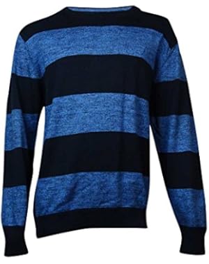 Striped Crew Neck Marled Knit Sweater (XL, Windward Blue)