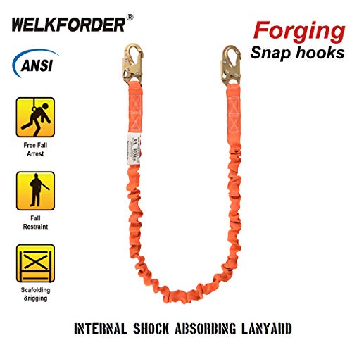 WELKFORDER 6-foot Internal Shock Absorbing Safety Lanyard with Double Snap Hook Connectors ANSI Z359.13-2013 Compliant Fall Protection Equipment (WFL001)