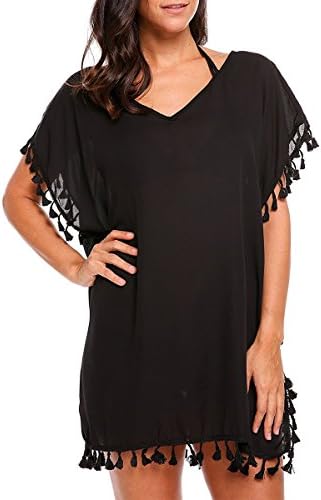 Fover Women's Tassel Swimwear Chiffon V Neck Tunic Bikini Cover Up Beach Dress, Black