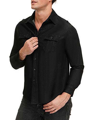 SATINIOR Men\'s Long Sleeve Button Down Shirts Woven Casual Dress Shirt Work Shirts (Black, 40/M)