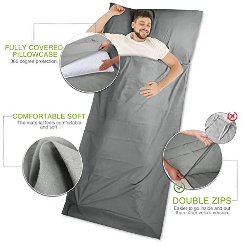 DIMPLES EXCEL Sleeping Bag Liner 100% Cotton Travel Sheet Lightweight Portable for Single (Gray-Cotton)