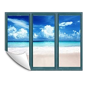 Wall Murals for Bedroom Fake Window Beach Blue Window Removable Wallpaper Peel and Stick Wall Stickers - 24x32 inches