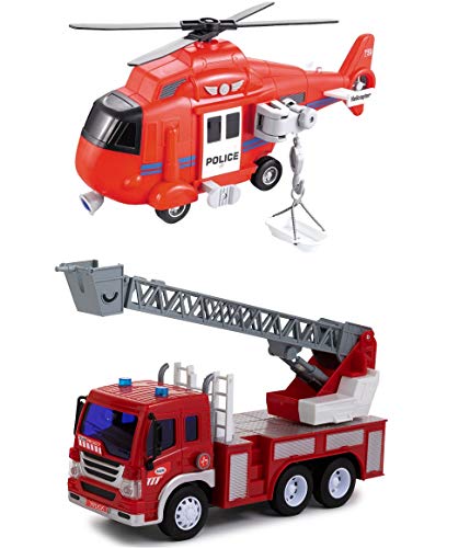 Toy To Enjoy Fire Engine Truck with Helicopter Toy - Light & Sound Effects - Friction Powered Wheels - Heavy Duty Plastic Toy for Kids & Children - Emergency Rescue Vehicle - Thumbnail 5