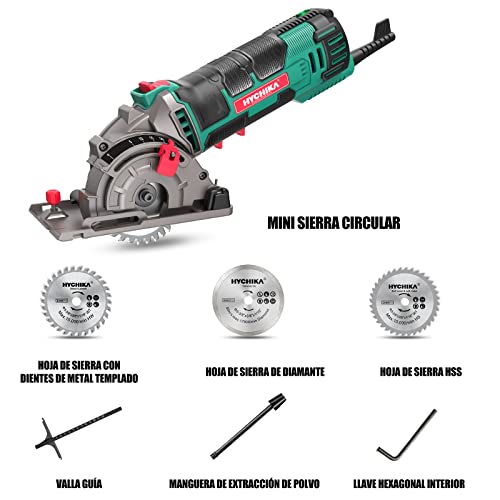 HYCHIKA Mini Manual Circular Saw 500 W 4500 rpm, 3 Saw Blades of 30T, 36T and Diamond, Ideal for Cutting Tiles, Madeira, Macio Metal, Plastic
