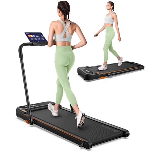 UREVO Strol 2E Smart 2-in-1 Folding Treadmill, Compact Walking Pad with Safety Handle, Plug and Play, Dual LED Display, Workout APP, Walking or Running for Home Office, Remote Included