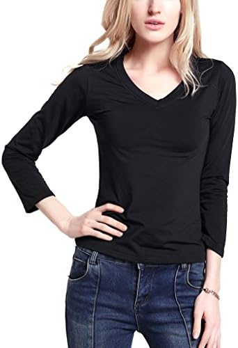 EYAN Women's V Neck Long Sleeve Shirts, Slim Fit T Shirt, High Elastic Breathable Blouses Tops (M,Black)