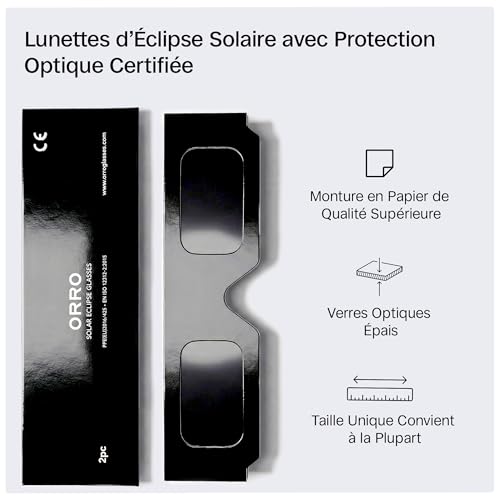 ORRO Lunettes d’éclipse solaire 37 mm, Lot de 2/6/12/50, Noires, Protection oculaire certifiée, Testées EN ISO 12312-2:2015, Marquage CE pour observation directe du soleil - Coupe classique