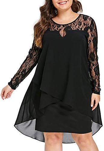 Padaleks Women Swing Dress Ladies Casual Plus Size Sheer Lace Sleeve High Low Hem O-Neck Midi Dress