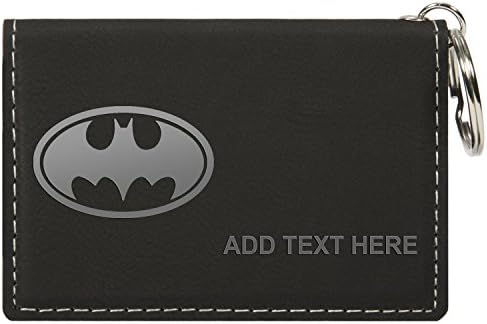 Personalized Engraved Batman Bat Signal Faux Leather Keychain Wallet Bk &amp; Silver