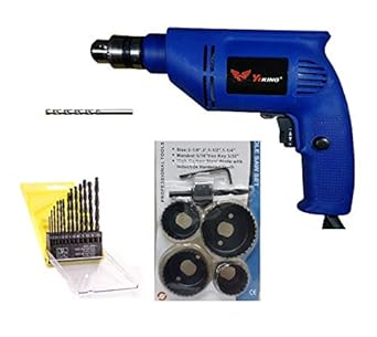 Inditrust 450W 10mm Drill Machine with 6 Pieces Hole Saw Set, Induction Hardened Teeth, 13 Pieces HSS Drill Set and 1 Masonry Bit (Colour May Vary)