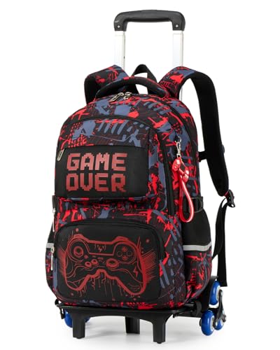 Amythe Boy's Wheeled School Bag 8-12 Years Bright 6 Wheels with Removable Trolley, Wheeled Backpack for College Students, Large Capacity Computer 15.6 Inches, Red, Travel Backpacks