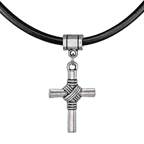 Modern Unisex Pewter Cross & Black Greek Leather Cord
