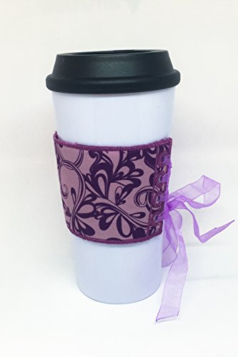 Embroidered Coffee Corset - Purple, Gray, and Black Reversible Fabric Coffee Cozy Cup Wrap Sleeve