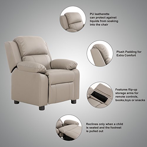 LCH Contemporary PU Leather Kids Recliner with Deluxe Padded Backrest and Flip-up Storage Arms, Mini Little Small Recliner Sofa Chair for Baby Toddler Boys Girls Childrens - Gray - Thumbnail 2