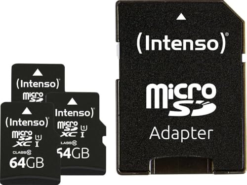 Intenso Premium microSD Karte 64 GB, 3er-Pack mit SD-Adapter, Lesegeschwindigkeit bis 90 MB/s, Class 10 UHS-I, Speicherkarte für Smartphones