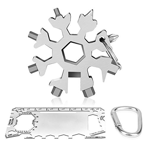 ATHLERIA 18-in-1 Snowflake Multi Tool Set - Stainless Steel Multitool Kit with Credit Card Tool, Carabiner - Pocket Multifunctional Gadgets for Outdoor Camping (Silver)