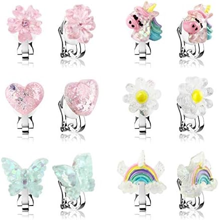 6Pairs Crystal Unicorn Clip On Earrings for Little Girls