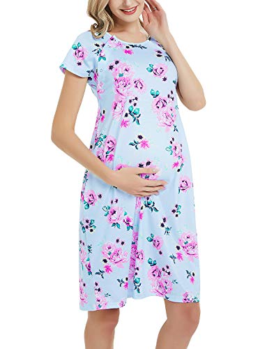 Maternity Labor Delivery Gown Hospital Nightgown Nursing Nightdress with Matching Pillowcase Blue Floral Dress L - Thumbnail 4