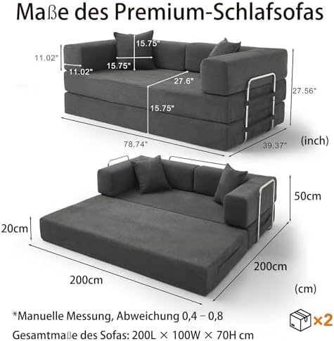 Premium 200 cm rahmenloses Schlafsofa 5-in-1 Couch für das Wohnzimmer, Grau