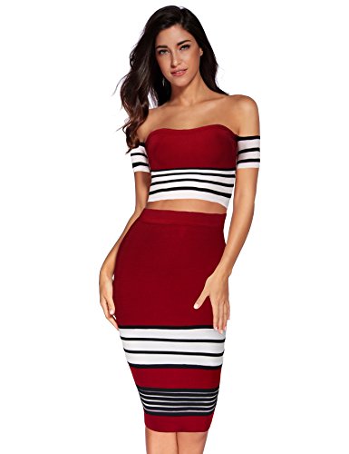 Meilun Women's Rayon 2 Pcs Stripe Top and Skirt Off Shoulder Bandage Party Dress