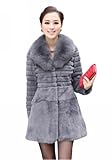 Queenshiny Long Women's 100% Real Rabbit Fur Coat Jacket with Fox Collar-Light Gray-S(4-6)