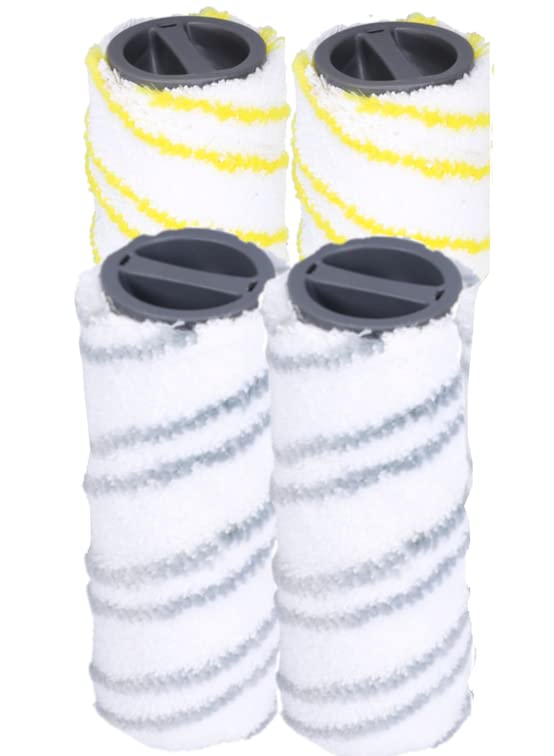 Sillar Microfibre Roller Brush Set for Karcher 2.055-007.0 2.055-006.0 FC3 FC5 FC7, Cordless Hard Floor Electric Cleaner, Roller Rotation – 4 Units (2 Yellow + 2 Grey)
