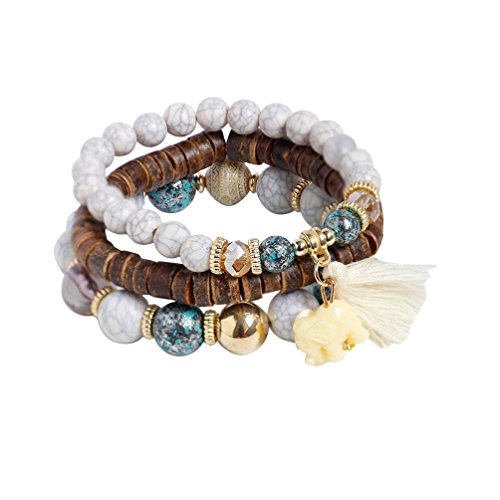 Elaco Bohemian Beaded BraceletTassel Pendant Charm Stretch Beach Bangle Bracelet Set Jewelry for Women (White)