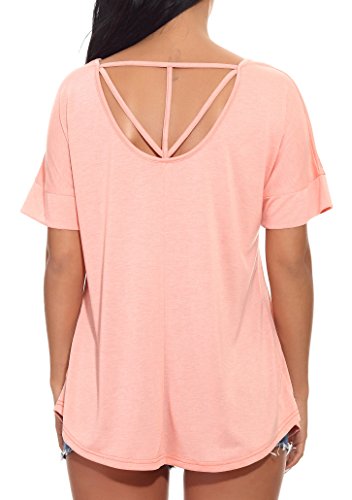 Fronage Women's Sexy Backless Short Sleeve Top Casual Loose T-Shirt Tees (Light Pink, M)