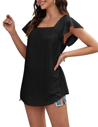 WOMENS EYELET TOPS SQUARE NECK RUFFLE SHORT SLEEVE T-SHIRTS DRESSY CASUAL 2024 SUMMER FLOWY TRENDY TUNIC TOPS (BLACK, MEDIUM)