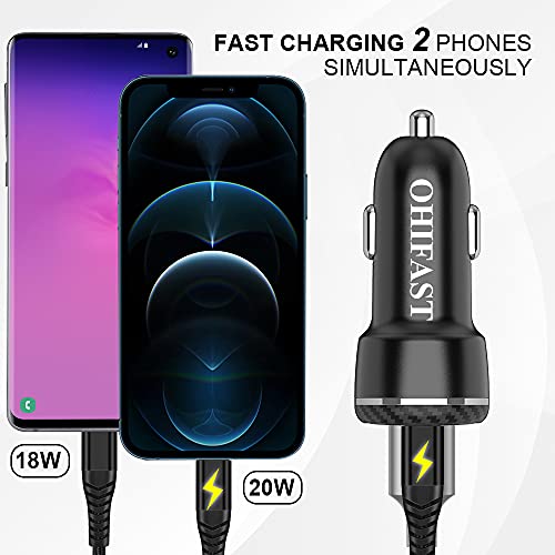 OHIFAST 20W USB C Car Charger Compatible for iPhone 14 Pro Max/Mini/13/12/11/XS/X/XR/8/Plus/SE/iPad/Air 3 Type C Automobile Charger Adapter, PD&QC3.0 Dual Fast Charging Port for Car with 3FT Cable