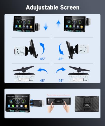 VECHTEL Autoradio 1 DIN con Schermo IPS Orientabile da 7 Pollici 1024x600 | Wireless CarPlay & Android Auto, Bluetooth 5.2, FM/AM/RDS Radio, Mirror Link, USB, Rückfahrkamera, Lenkradsteuerung