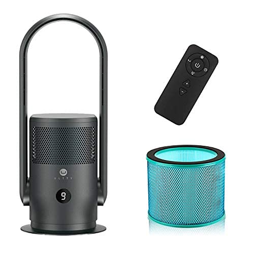 ULTTY Bladeless Tower Fan and Air Purifier in one, 90° Oscillating Tower Fan with HEPA Filter, Remote Control, Touch, 8H Timer, 9 Speeds, Powerful Floor Fan for Bedroom Room Home Office, CR021 Black